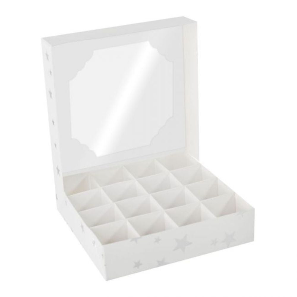 Konfekteske m/vindu, Sølvstjerner - 15x15x3,5cm pk/10