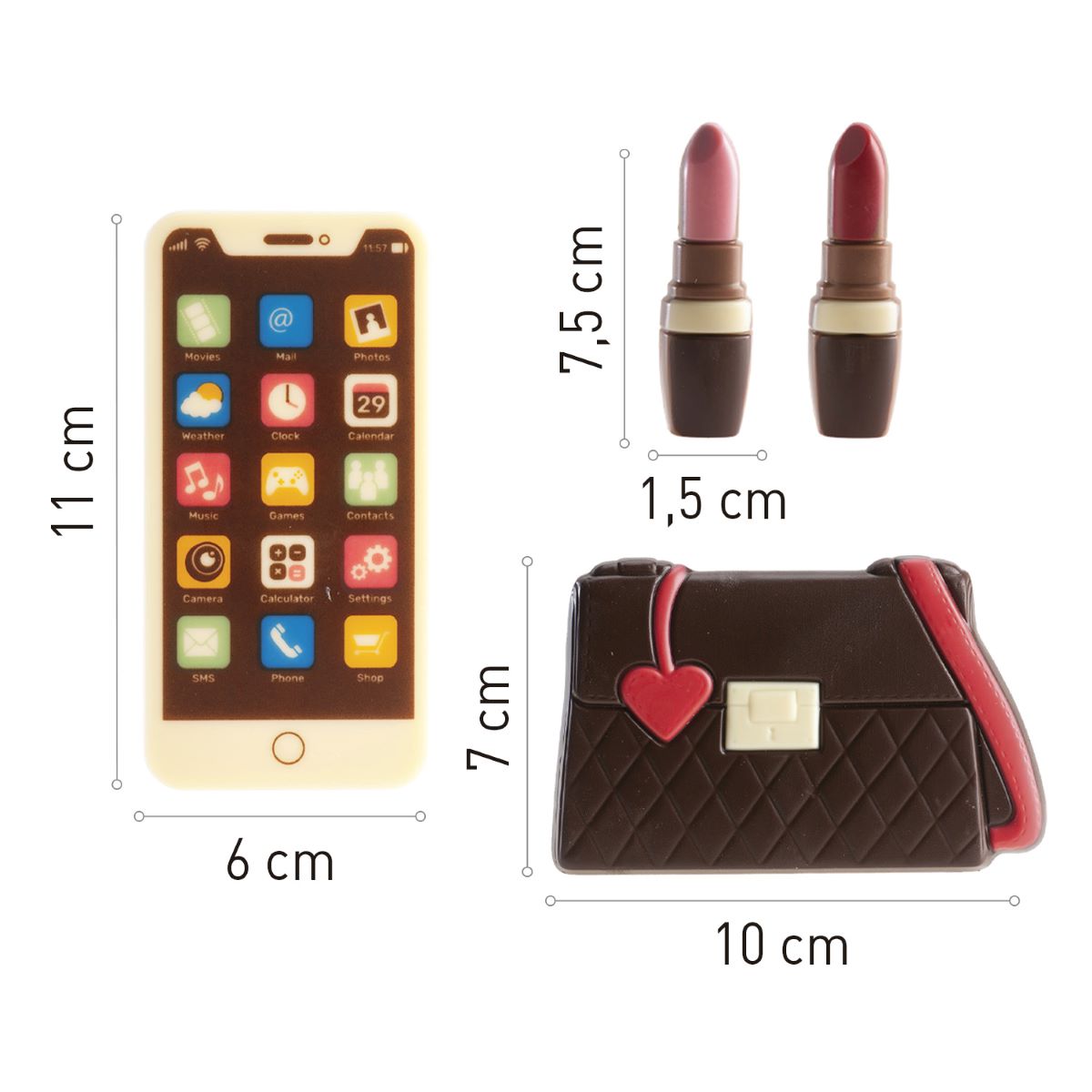 Kakepynt i sjokolade av makeup, veske og mobil, sett/4