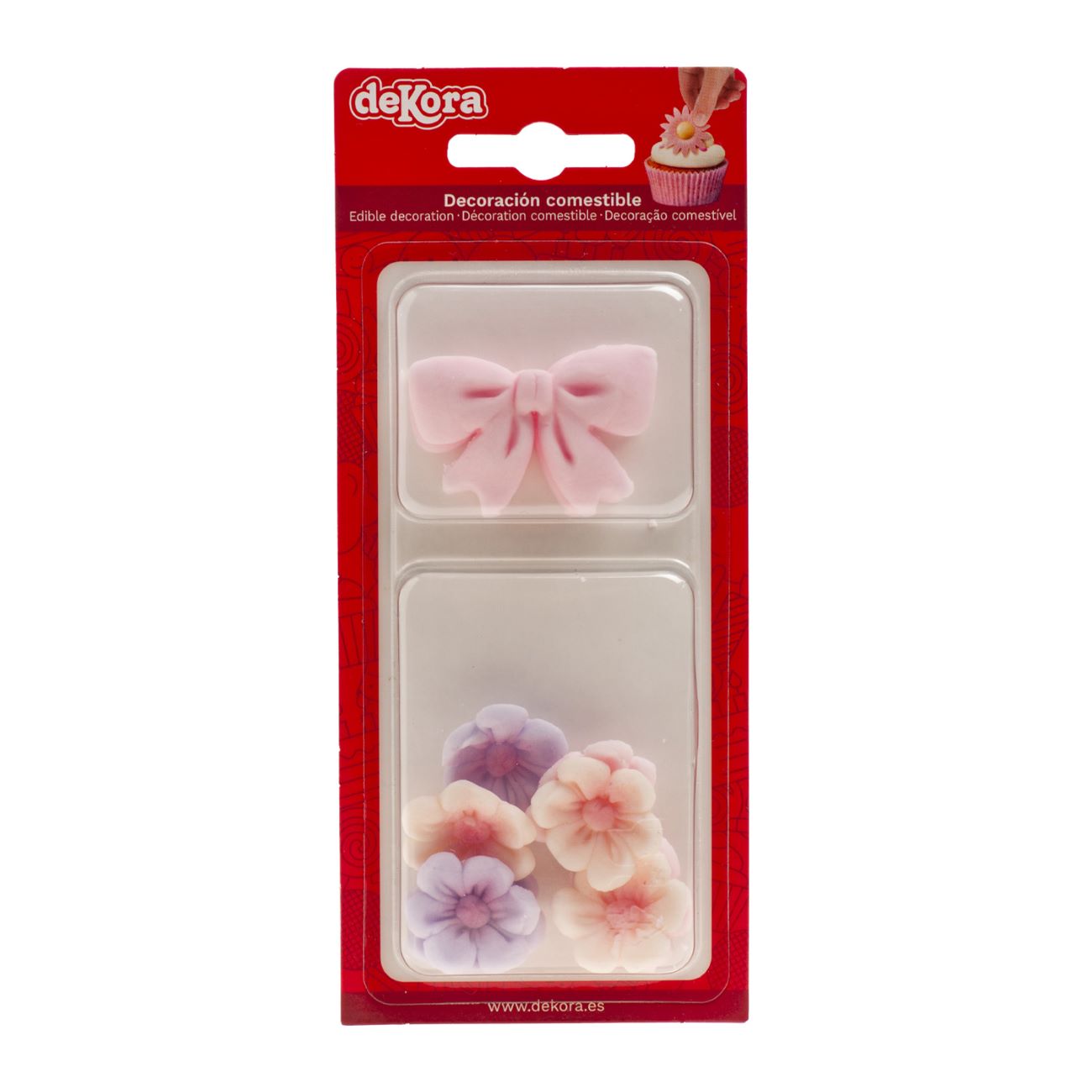 Spiselig kakepynt – Sløyfe og blomster – Rosa, pk/10