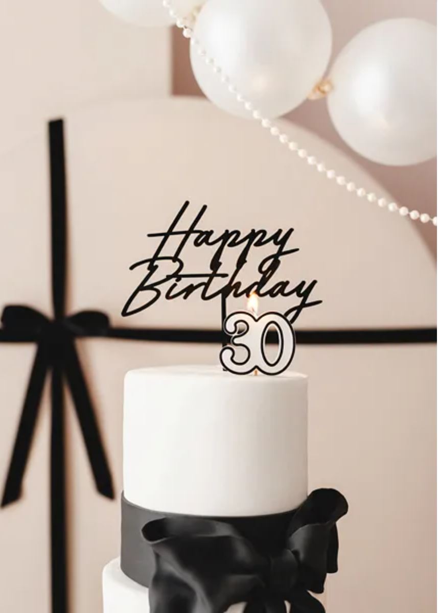 Kaketopp i akryl "Happy Birthday" - Svart