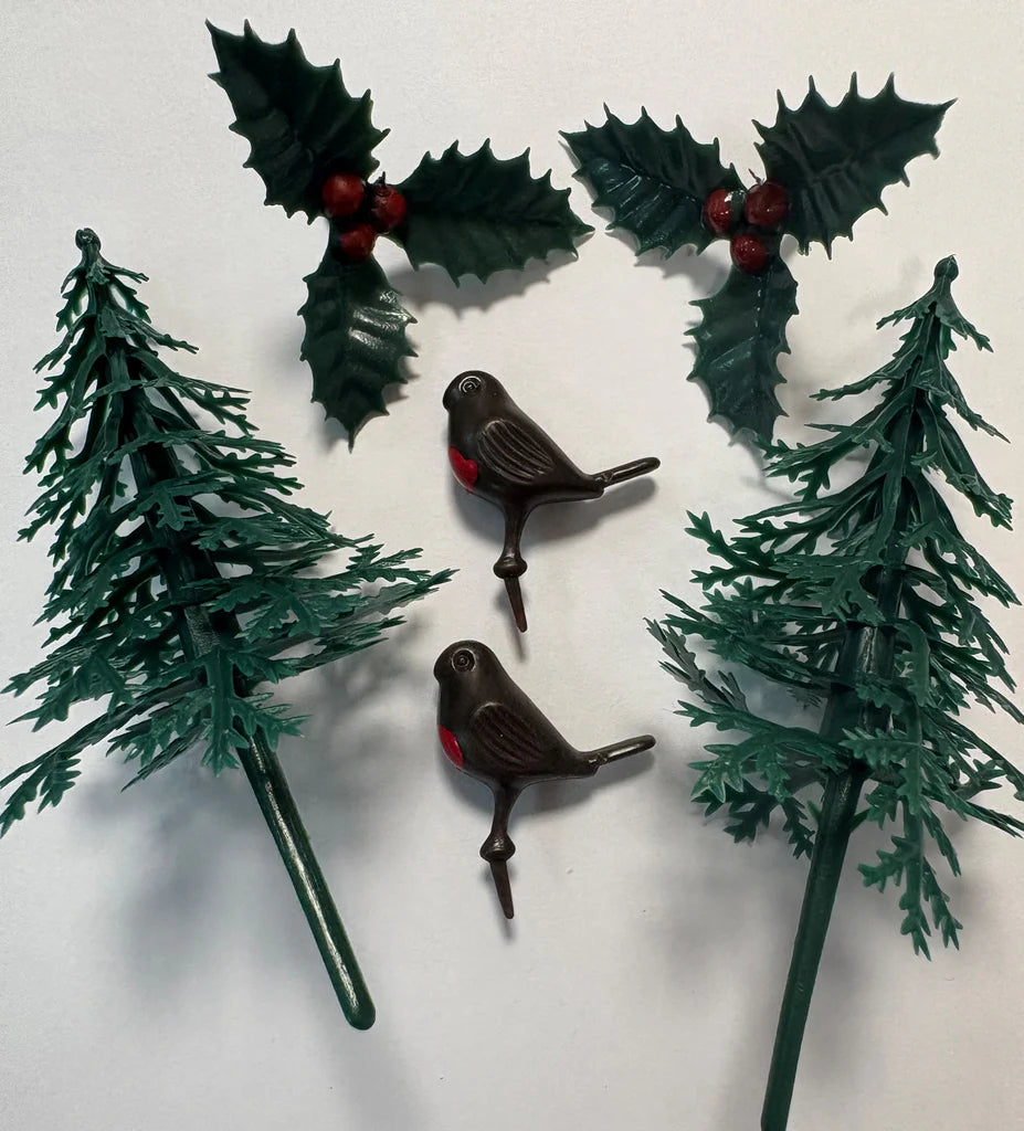 Kaketopper, Tradisjonell jul med juletre, kristtorn og rødstruper, sett/6