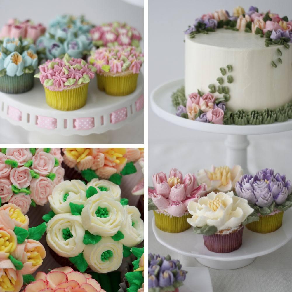 Cupcakes dekorert med fargerike blomster laget med russisk sprøytetipp
