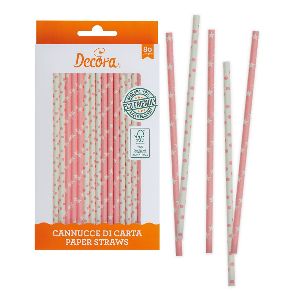 Decora papirsugerør -Rosa striper og stjerner- pk/80