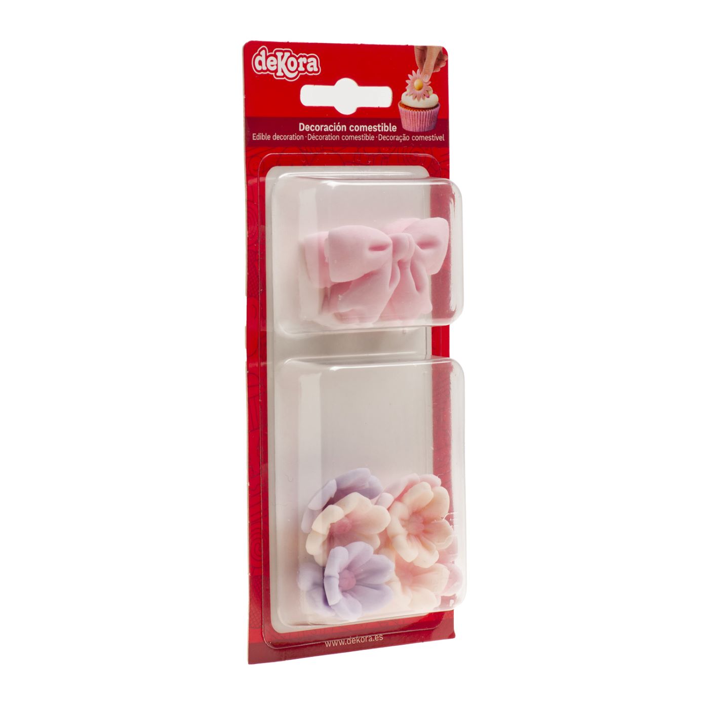 Spiselig kakepynt – Sløyfe og blomster – Rosa, pk/10