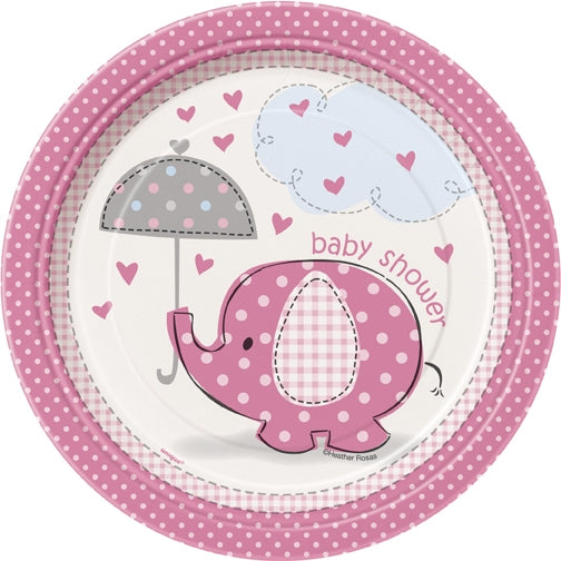 Babyshower elefanttrykk, 8 engangsfat, små rosa/jente