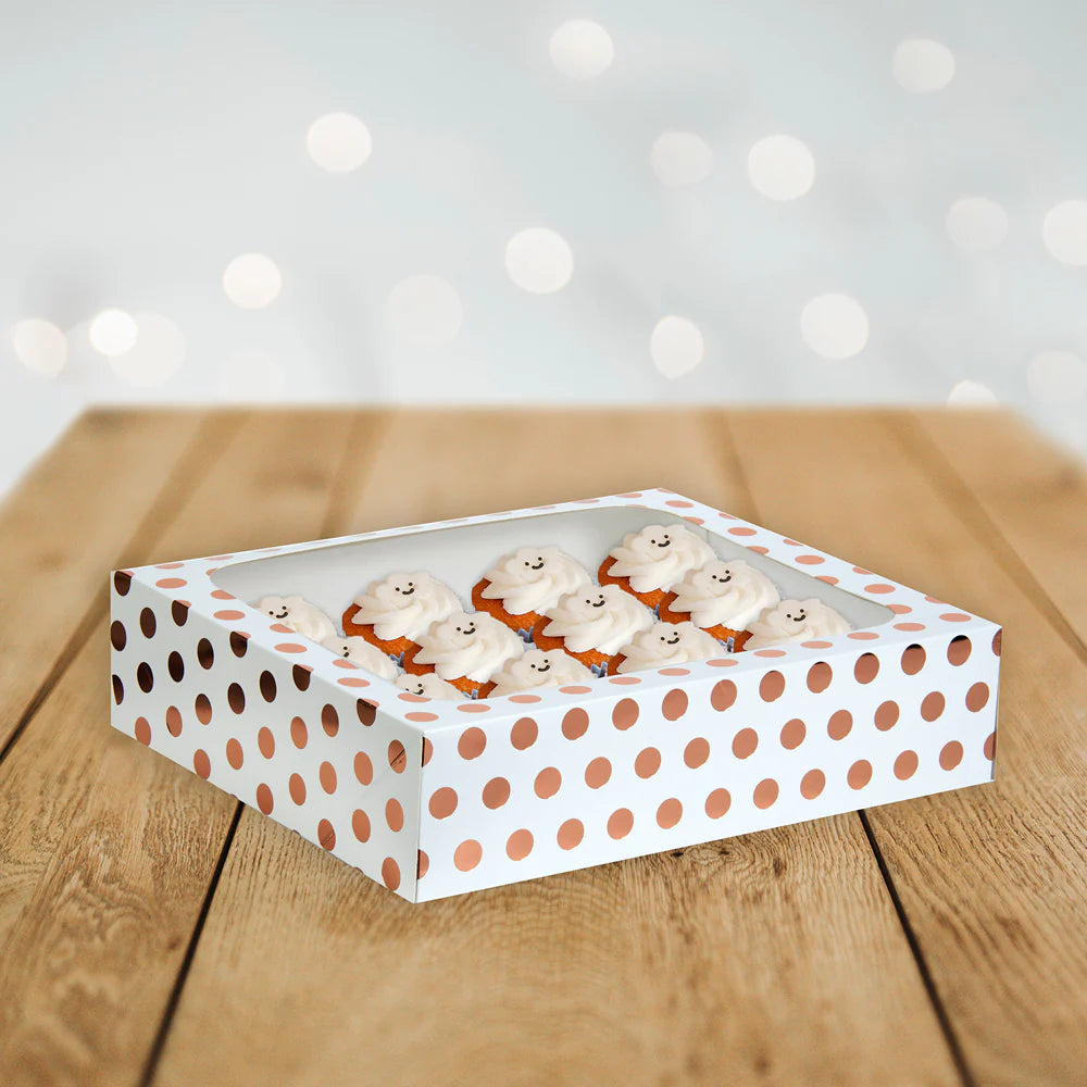 Muffinseske med plass til 12 cupcakes -Rosegull polka dot- pk/1