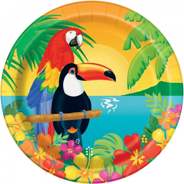 Engangsfat til hawaiifest, 8 stk "papegøye", strl ca 22cm diamet