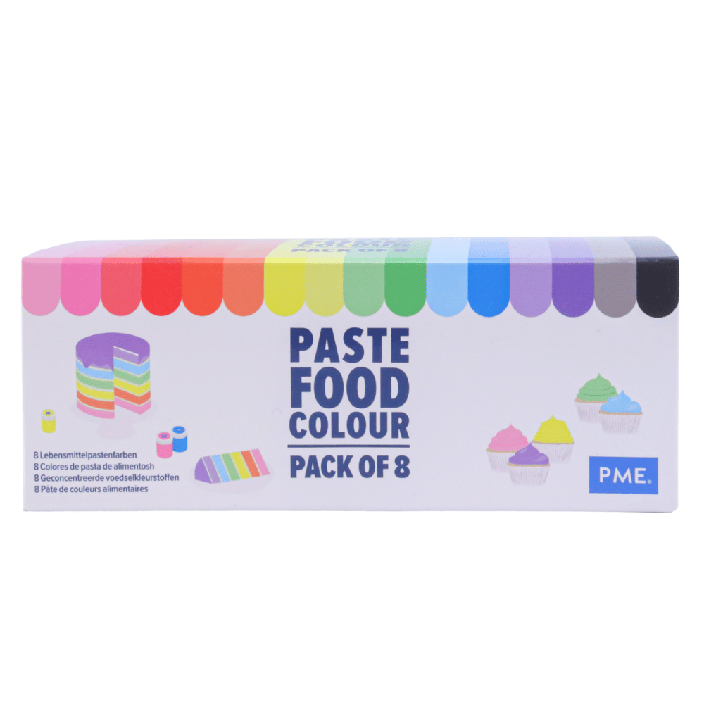PME pastafarge – sett med 8 stk    Sett med 8 ulike konditorfarge av typen pastafarge fra PME.  PME Pastafarger er næringsmiddelfarge eller konditorfarge som er perfekt for farging av fondant, marsipan, smørkrem, sukkerpasta, royal icing og mye mer! Disse sterke, levende fargene er i paste-form eller sirupskonsistens, slik at du enkelt kan tilsette riktig mengde farge.  
 
 Inneholder 8 konditorf