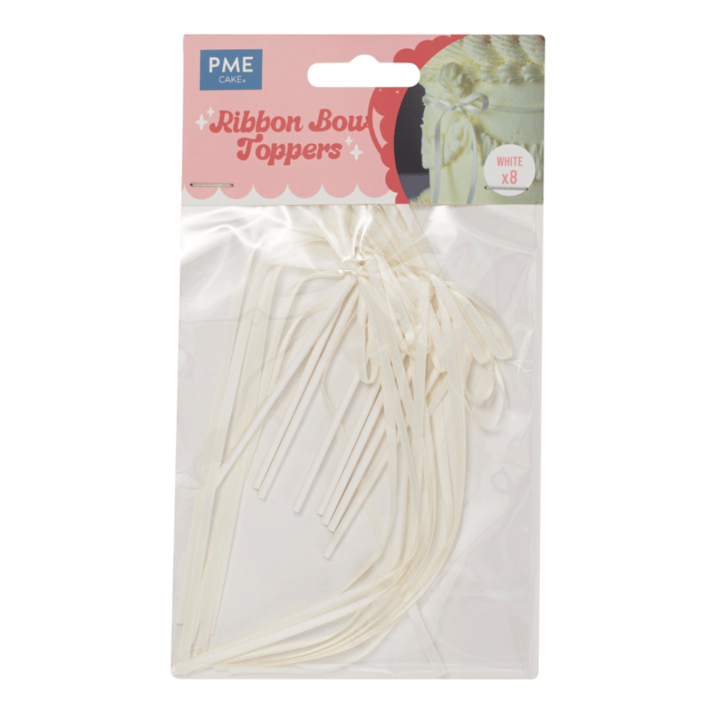 Satengsløyfer på pinne i hvit, 8 stk fra PME – tidløs kaketopper med sløyfe til bryllup og dåp