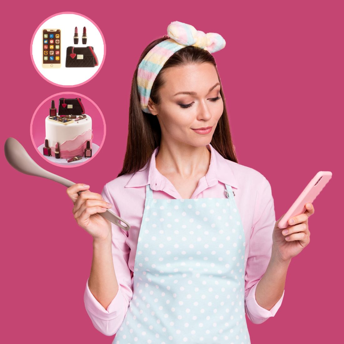 Kakepynt i sjokolade av makeup, veske og mobil, sett/4