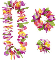 Stor og flott blomsterkrans eller hawaiikrans til hawaiifest, sommerfest og lignende. Her får du hawaiikrans med tilhørende blomsterarmbånd og blomsterkrans til hode.