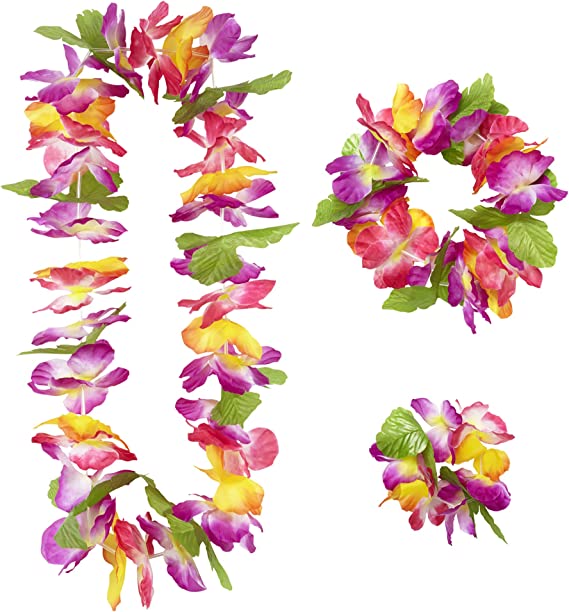 Stor og flott blomsterkrans eller hawaiikrans til hawaiifest, sommerfest og lignende. Her får du hawaiikrans med tilhørende blomsterarmbånd og blomsterkrans til hode.