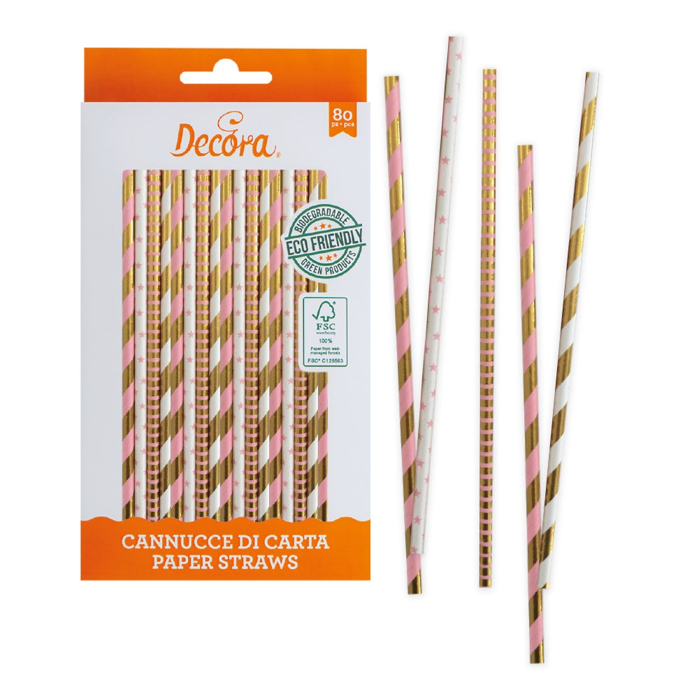 Decora papirsugerør -Gull/Rosa striper og stjerner- pk/80