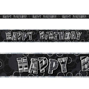 Svart/sølv happy birthdaybanner ca 3,6m