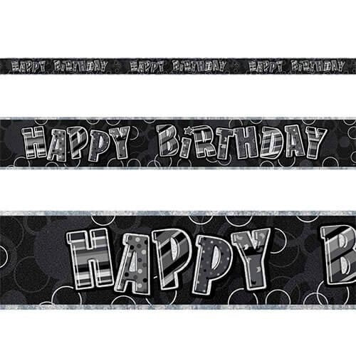 Svart/sølv happy birthdaybanner ca 3,6m