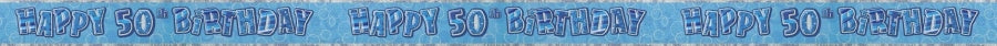 Blå foilbanner med 50 årstrykk, ca 3,6meter
