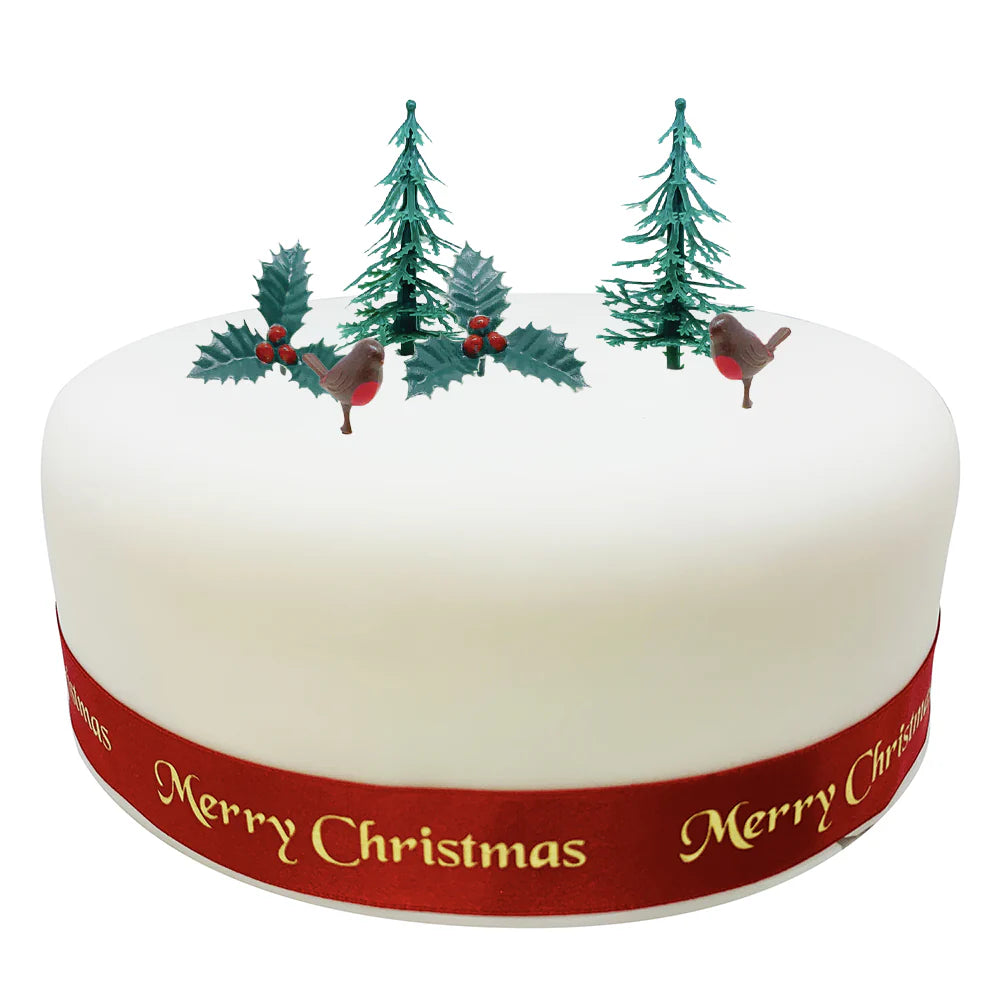 Kaketopper, Tradisjonell jul med juletre, kristtorn og rødstruper, sett/6