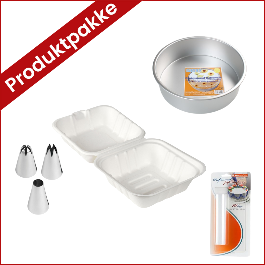 Produktpakke til Bento Cake  Har du lyst å henge deg på den nye trenden Bento Cake? Vi har gjort det enkelt for deg og satt sammen en pakke med produkter som er perfekt for å lage disse nydelige porsjonskakene!  Pakken inneholder:  <a href="https://slikkepott.no/produkt/bento-cake-box-pk-10/">Bento Cake Box 10 stk</a>  <a href="https://slikkepott.no/produkt/pme-rund-kakeform-o-10cm-75cm-hoy/">PME 