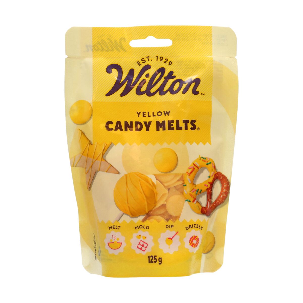 Candy Melts Gul, 125g  Candy Melts fra Wilton er smelteknapper i gul farge som brukes til å dekorere kaker, lage cake pops, dyppe kaker og kjeks, eller forme egne sjokoladefigurer. De smelter jevnt og enkelt, gir en blank overflate og stivner raskt uten å kreve temperering. Denne oppskriften er forbedret, så du trenger ikke lenger å tilsette Crisco eller annet plantefett for å få riktig konsistens