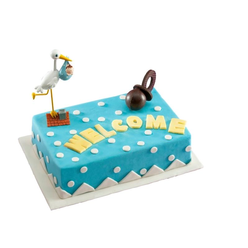 Kaketopp Baby - Stork som holder gutt - 18cm