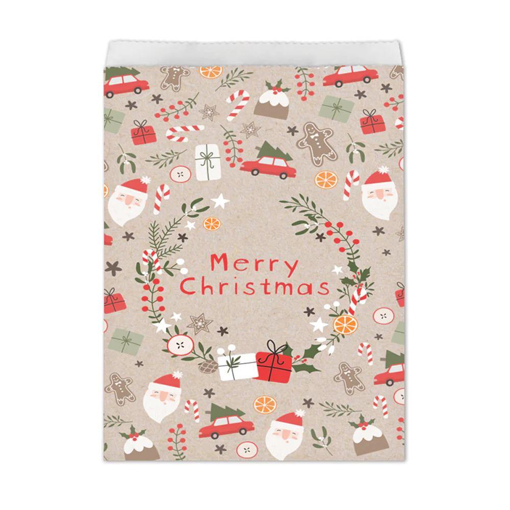 Godteposer i kraftpapir med teksten "Merry Christmas" og søt jule motiv på