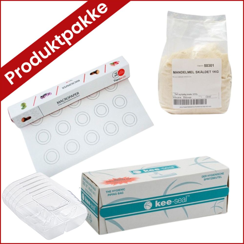 Makronpakke med sprøyteposer, mandelmel , makronpapir og makronbokser