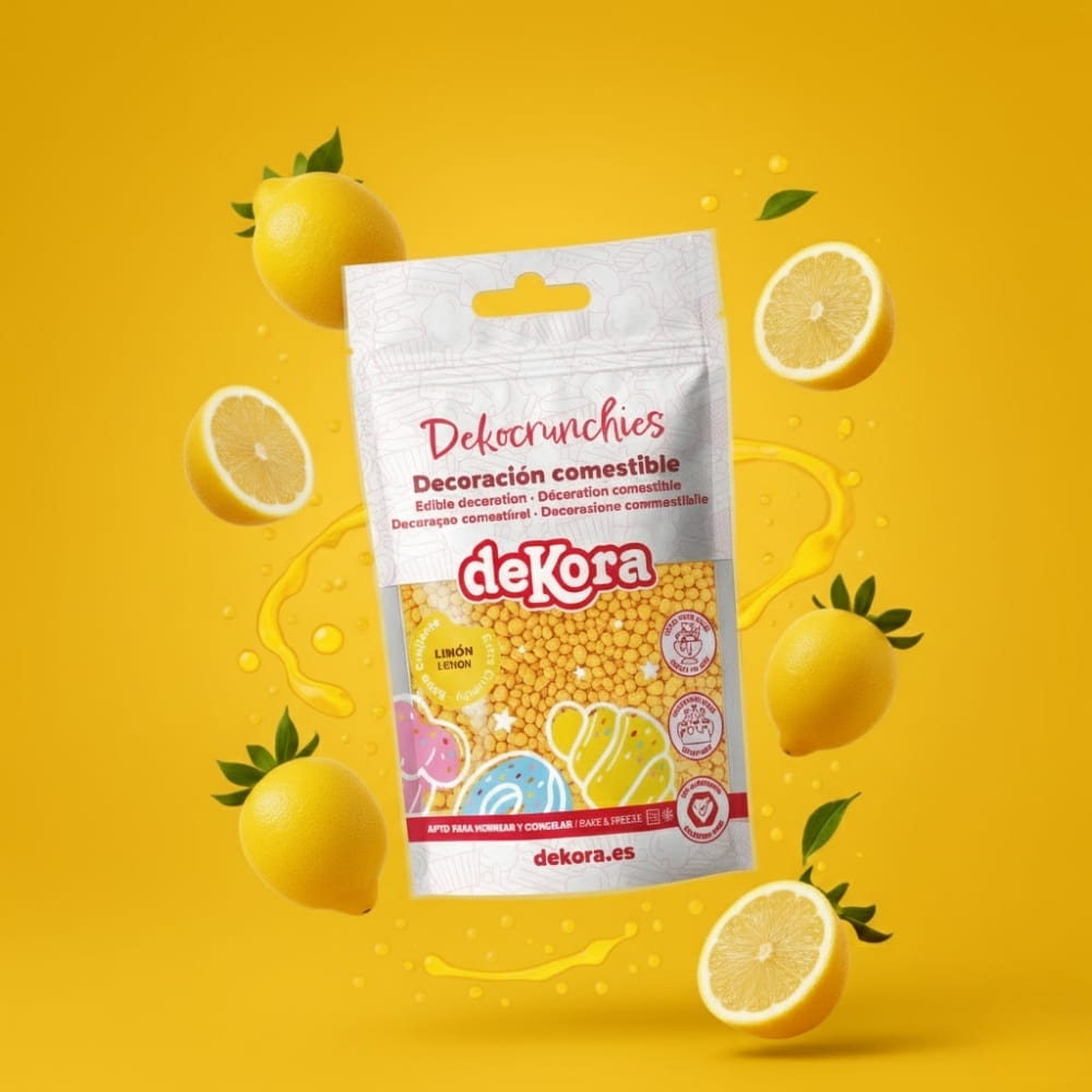 Sitronstrøssel Dekocrunchies fra deKora, 100g  Sitronstrøssel fra deKora er spiselig pynt med frisk sitronsmak og klar gul farge. De små, sprø kulene gir en fin syrlig kontrast til søte kaker og desserter, og holder teksturen både i varme og kalde omgivelser. Strøsselet kan brukes på ferdigdekorerte kaker, blandes i smørkrem eller strøs på kakedeig før steking. Passer godt til sommerkaker, cupcake