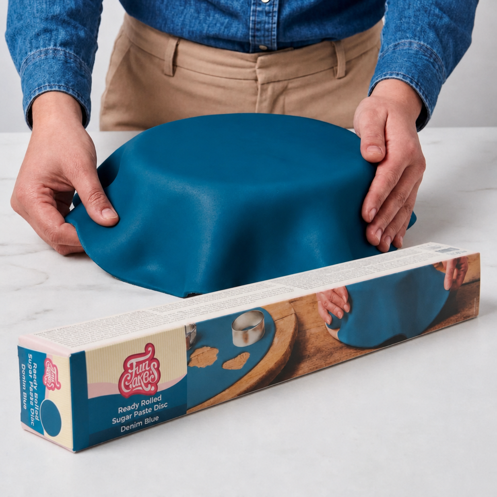 FunCakes Fondantlokk Jeansblå fondant, 36cm i diameter