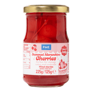 Hermetisk kirsebær - Maraschino-kirsebær 225g <p data-start="1984" data-end="2321">Hermetisk kirsebær fra PME. Rødstilket maraschino kirsebær er den perfekte prikken over i-en på kaker, bakverk, cocktails og desserter. Disse kirsebærene er konservert i en søt sirup som bevarer den rike smaken og saftige teksturen. Deres livlige rødfarge og lange stilker gjør dem både estetisk tiltalende og enkle å