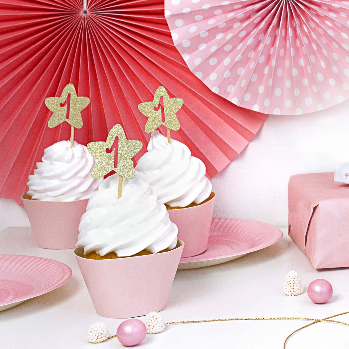 PartyDeco Cupcakedekorasjoner "First Birthday" pk/6