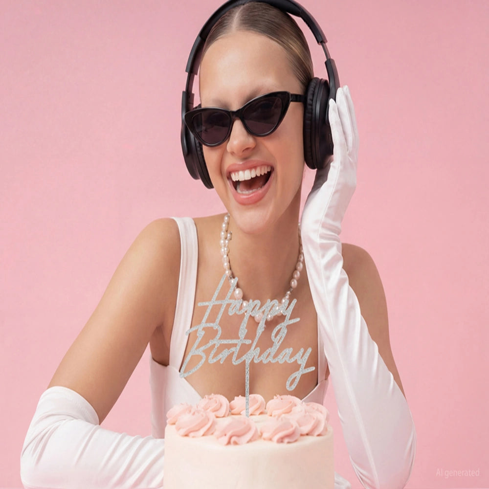 sølv kaketopp til bursdagskake - happy birthday