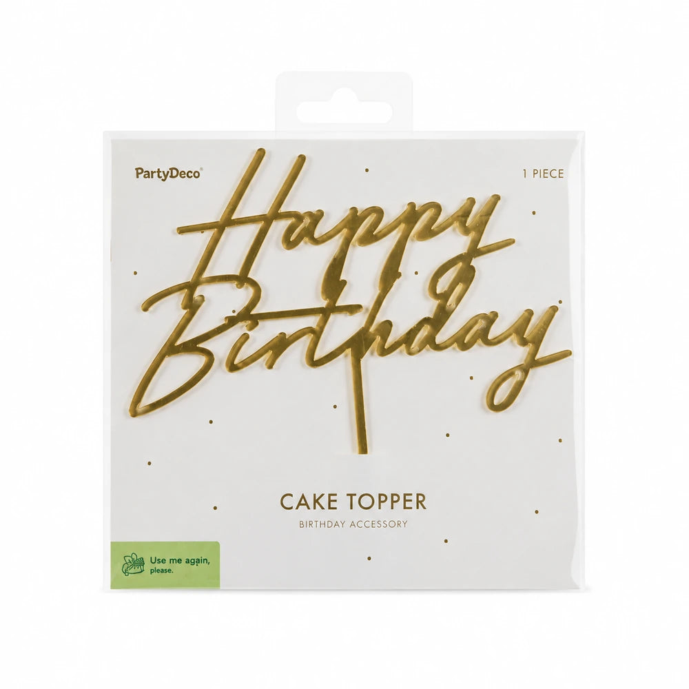 Gull kaketopp til bursdagskake med teksten happy birthday