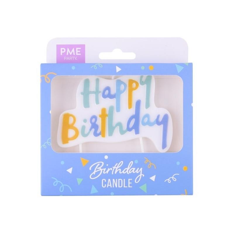 PME kakelys blå pastell med skriften happy birthday