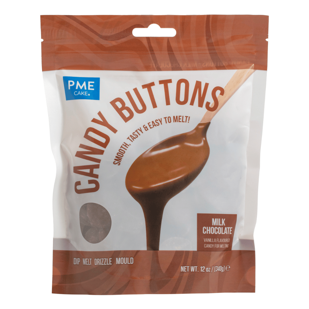 PME Candy Buttons Sjokoladebrun 340g – perfekt for drips, dipping og dekorasjon