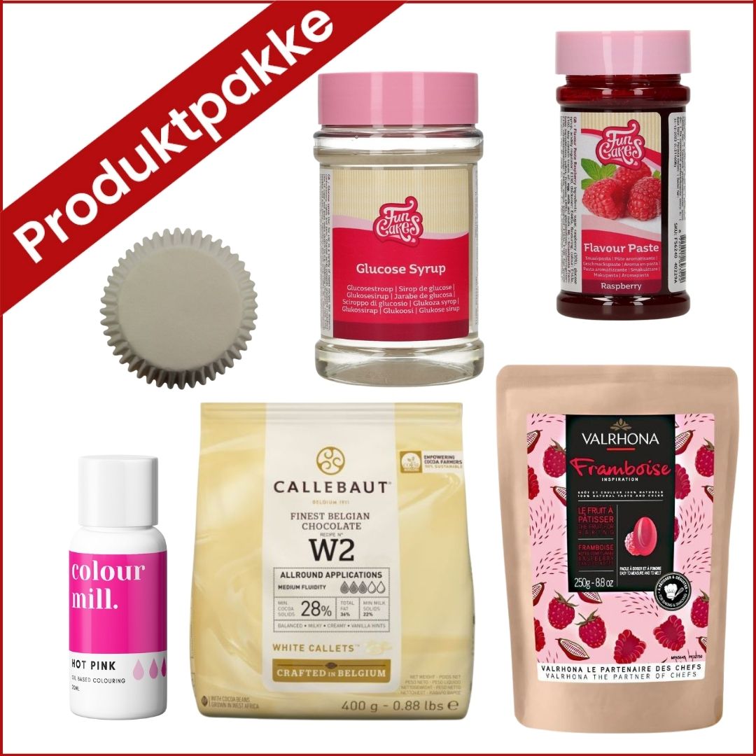 Produktpakke mini cupcakes med hvit sjokolade og bringebærganache
