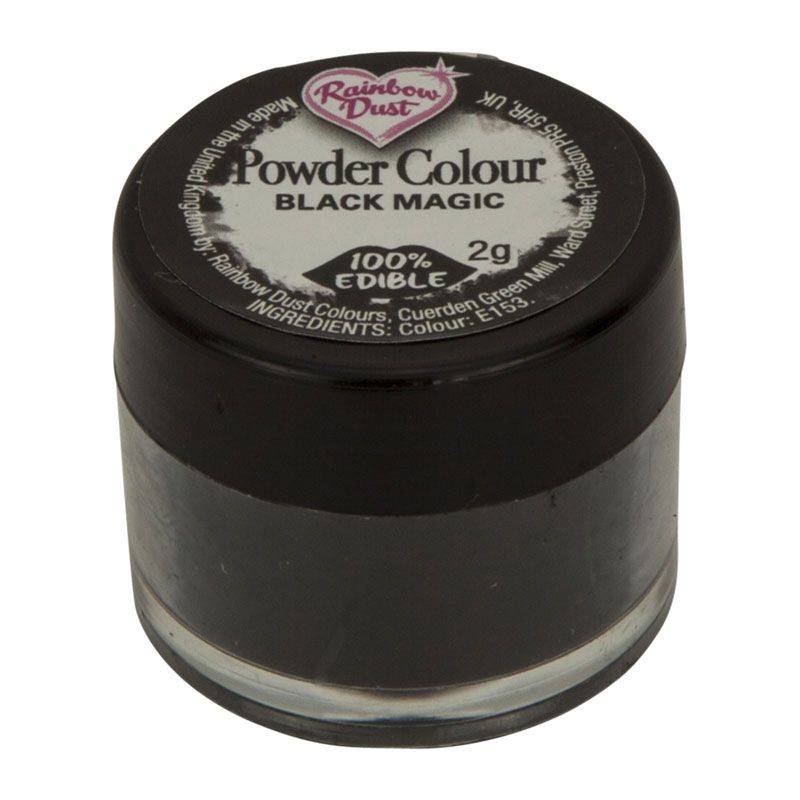 Rainbow Dust Black Magic pulverfarge – skrukork-krukke med svart pulver matfarger, sett forfra