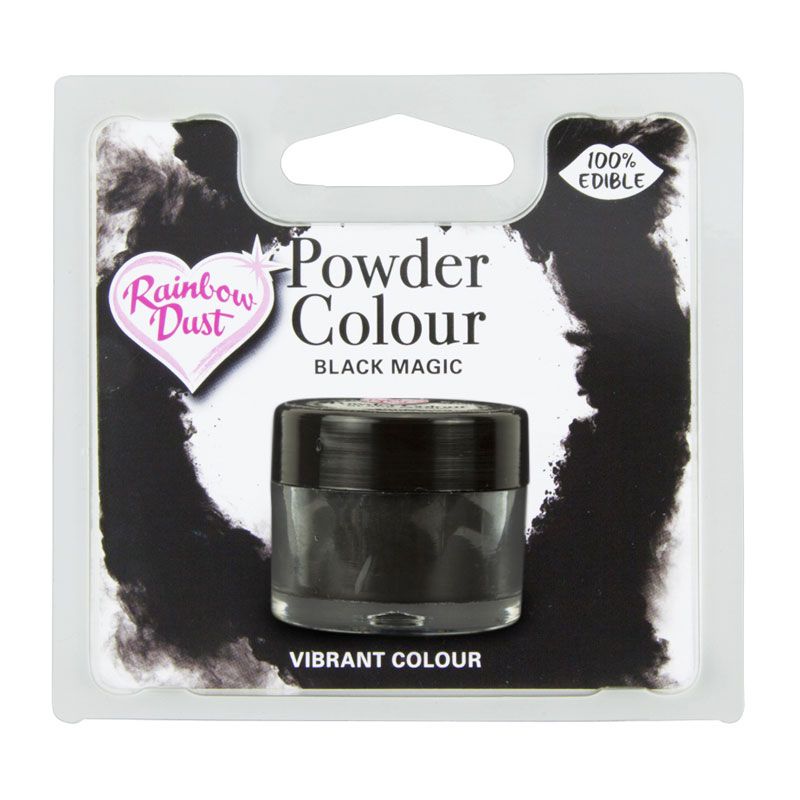 Rainbow Dust Powder Colour Black Magic – liten krukke med svart spiselig pulverfarge i blisterpakke