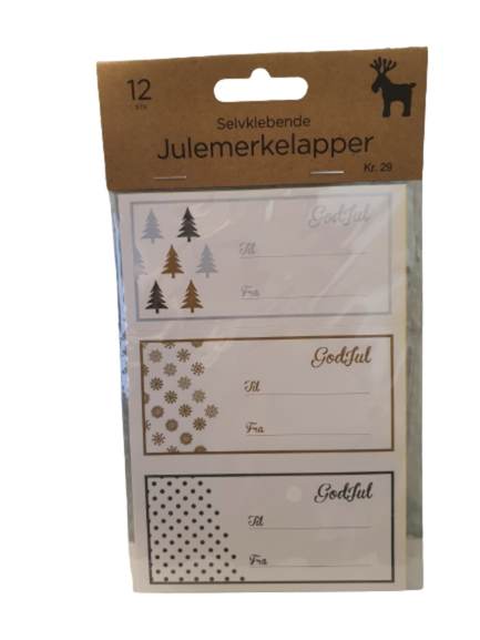 Selvklebende julemerkelapper i sølv, gull og svart