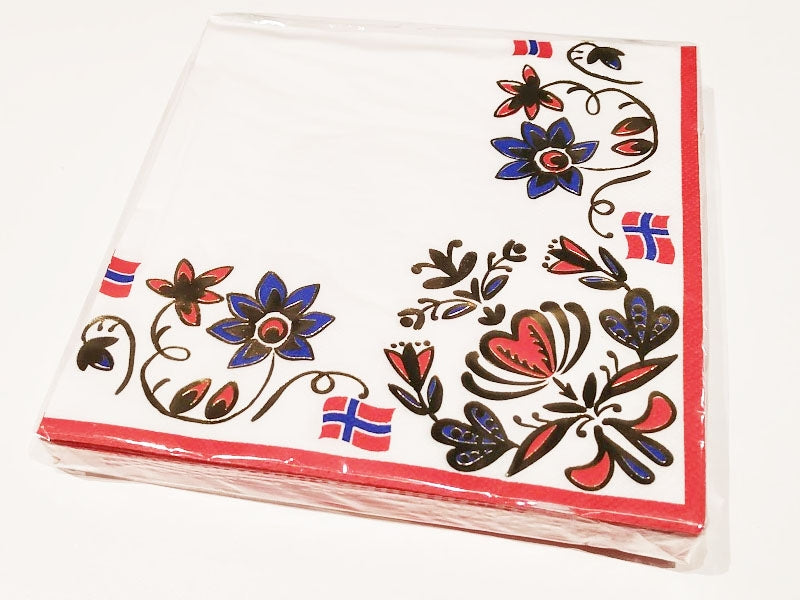 Servietter Norske flagg og gulldekor, pk/20