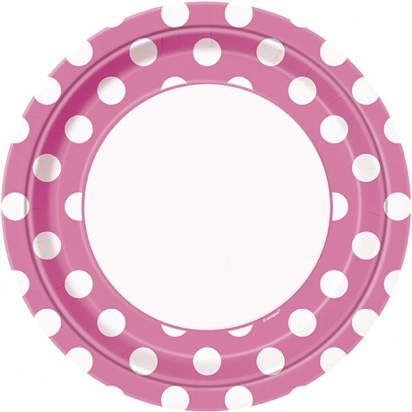 8 rosa/hvit prikkete engangsfat