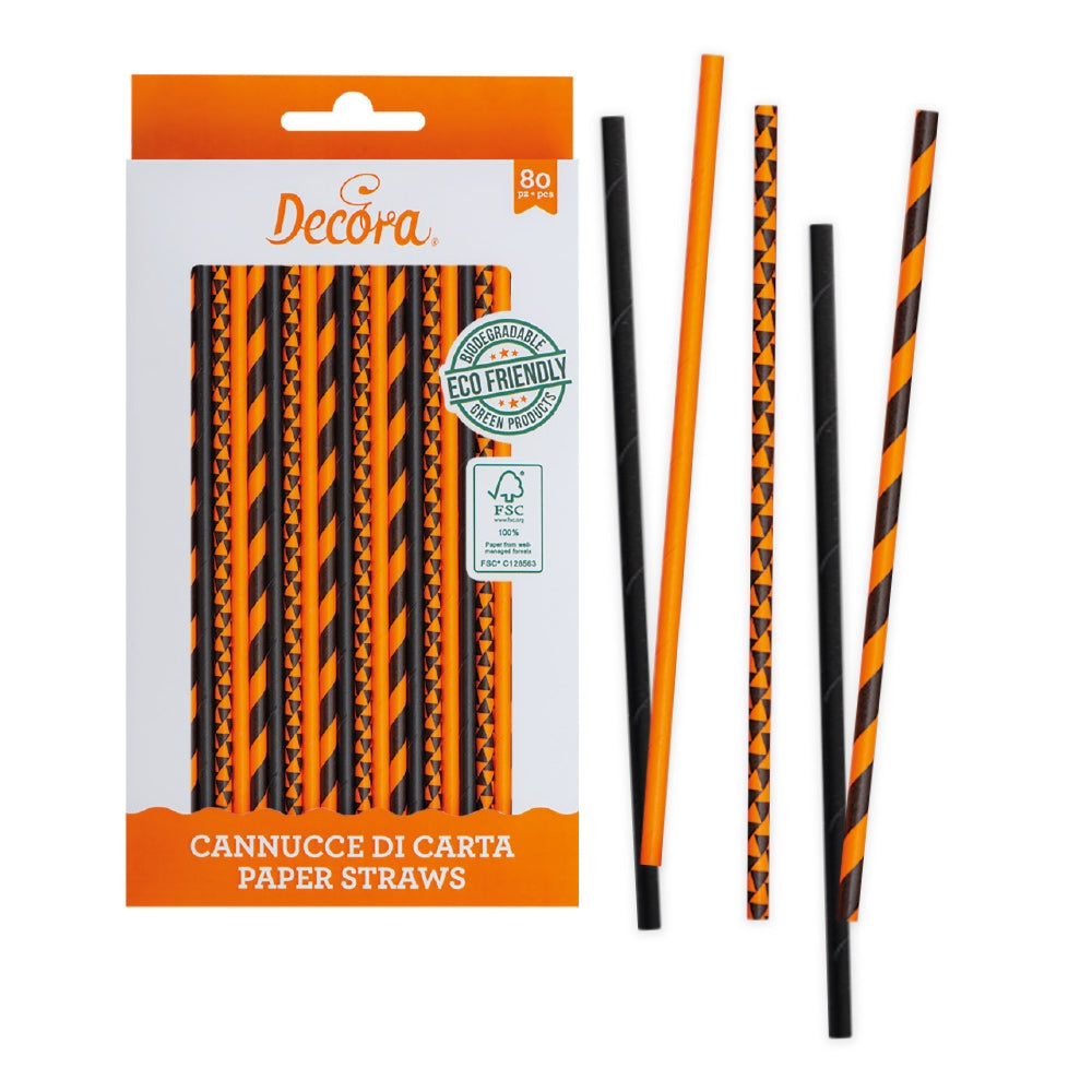 Decora papirsugerør -Svart og oransje- pk/80
