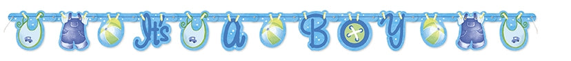 Blå babyshowerbanner "klesklyper"
