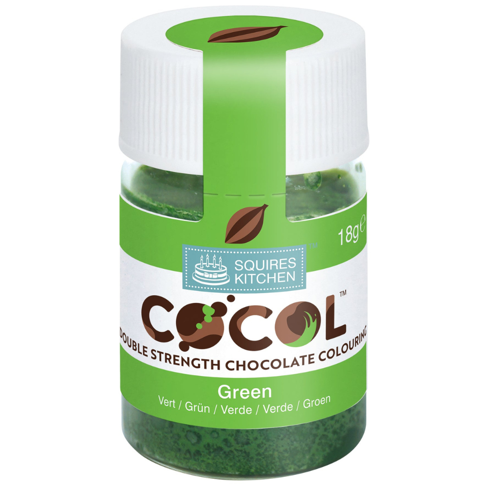 SK Cocol Sjokoladefarge -Grønn- 18g   Squires Kitchen COCOL Sjokoladefarge - Grønn 18g  
 Vil du farge hvit sjokolade eller kakaosmør i en kraftig grønn farge? Squires Kitchen COCOL sjokoladefarge i grønn gir deg muligheten til å lage spektakulære konfekt med en intens og levende grønnfarge. Denne oljebaserte sjokoladefargen er spesielt utviklet for å farge sjokolade og kakaosmør, og gir profesjon
