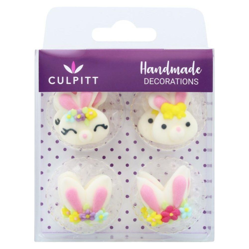 Spiselig kakepynt påske – Culpitt sukkerdekorasjoner med kaninmotiv i royal icing, 12 stykker i pakning