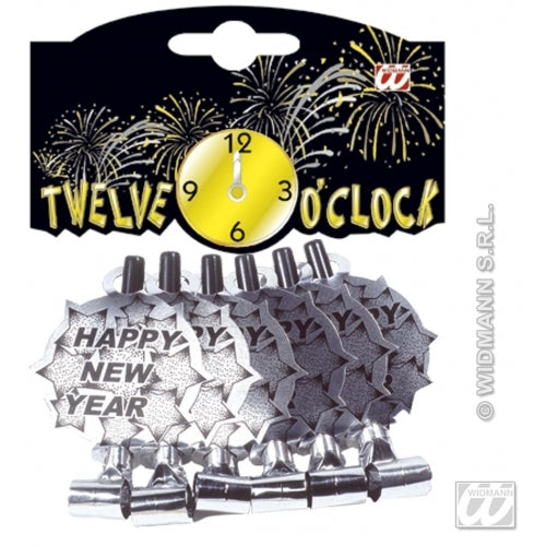 Sølvfargede Happy new year-blowouts, 6 stk
