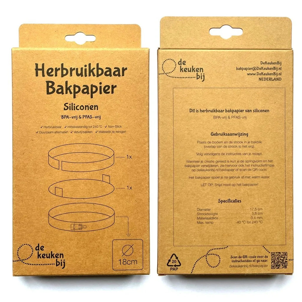 Emballasje til De KeukenBij gjenbrukbart bakepapir Ø18cm, forside og bakside