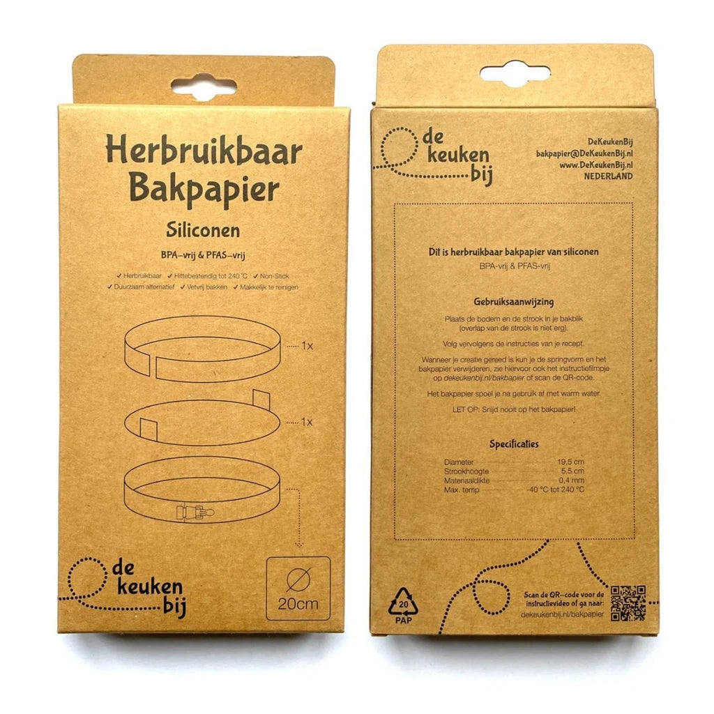 Emballasje til De KeukenBij gjenbrukbart bakepapir Ø20cm, forside og bakside