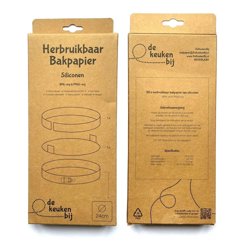 Emballasje til De KeukenBij gjenbrukbart bakepapir Ø24cm, forside og bakside
