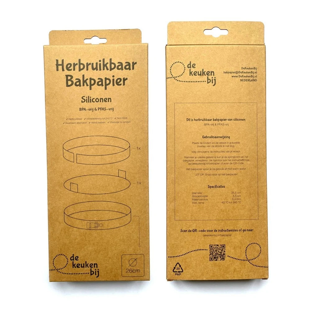 Emballasje til De KeukenBij gjenbrukbart bakepapir Ø26cm, forside og bakside