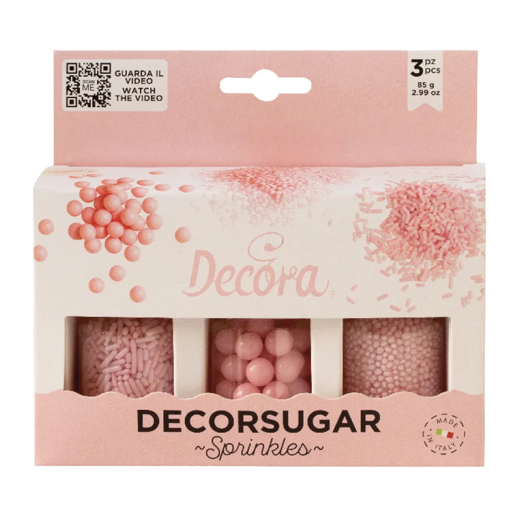 Rosa sukkerperler og sukkerstenger fra Decora